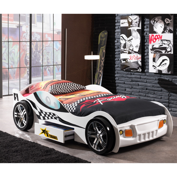 Turbo Racing Car Bed W/Drawer#White